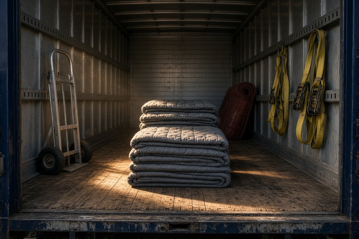 Looking straight into the open back of a box truck: folded gray quilted moving blankets stacked on the wood plank deck, an aluminum hand truck standing against the left wall, coils of yellow ratchet straps on an E-track rail at right, low evening sun across the floor.